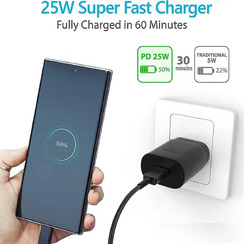 Vista 2 de Cargador Samsung de carga súper rápida de 25 W, USB C, bloque de cargador de pared con cable de carga tipo C de 5 pies, compatible con Samsung