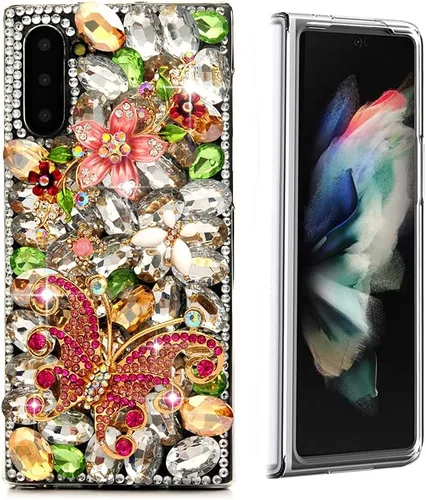 Vista 9 de Sparkle - Funda compatible con Samsung Galaxy Z Fold 3 5G, elegante funda 3D hecha a mano con diamantes de imitación de camelia, color negro