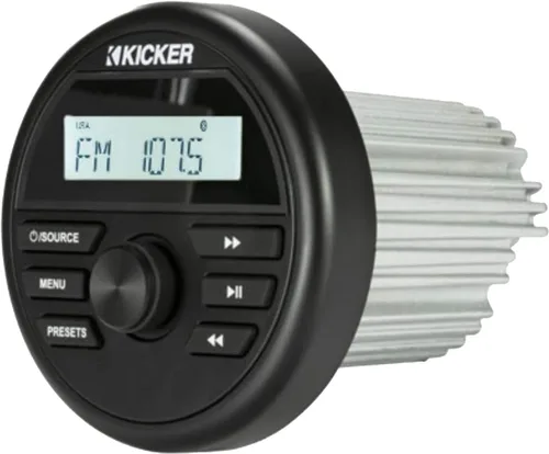 Vista 2 de Kicker Paquete de receptor de medios digitales marinos Bluetooth estilo calibre resistente a la intemperie con control remoto con cable, 4 altavoces