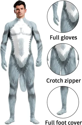 Vista 4 de Traje completo de animal para hombre, mono de spandex musculoso, disfraz peludo con cola grande para cosplay de adultos, fiesta de Halloween