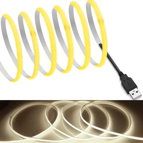 Vista 10 de MDee】Cinta LED de luz USB COB 1.64 pies/0.5 m - Cinta LED de 5 mm flexible DC 5V con 320 LED/m para iluminación cálida (2700K). Cortada, moldeable