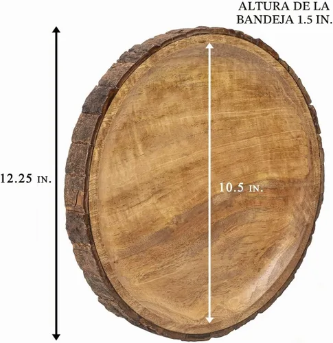Vista 4 de GoCraft - Plato redondo de madera para servir con corteza de árbol en los bordes, plato de pizza de madera de mango, tabla para servir, plato