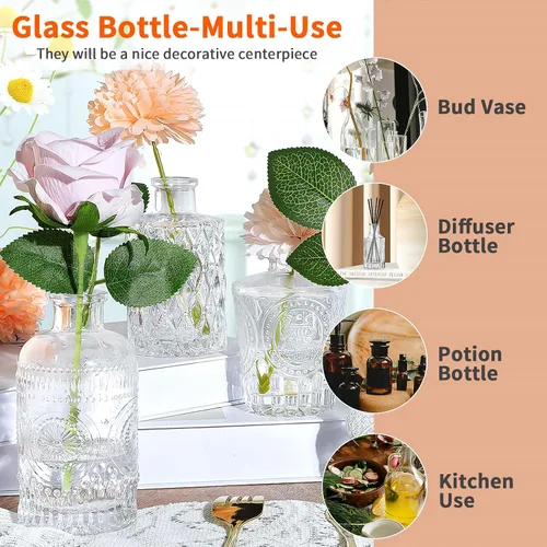 Vista 6 de Botellas de vidrio transparente con tapas, jarrones a granel, juego de 12 mini jarrones de flores para decoración de mesa, botella pequeña