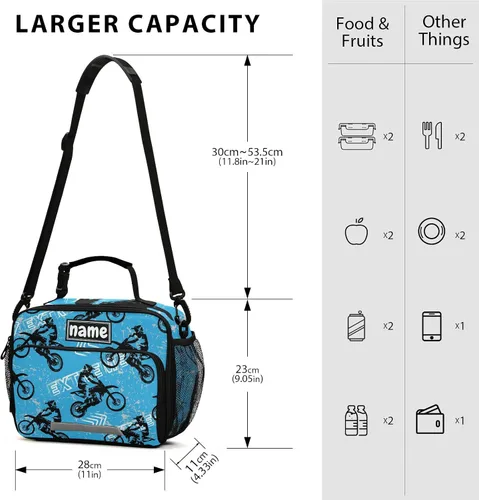 Vista 2 de Bolsa de almuerzo azul personalizada para vehículos deportivos de motocross, para niños, niñas, niños, bolsas de almuerzo personalizadas con tu