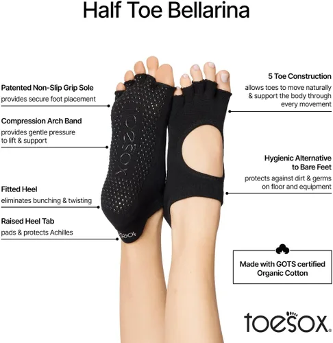 Vista 6 de Toesox Bellarina - Paquete múltiple de calcetines antideslizantes con agarre para pilates, barra, yoga, ballet, negro, carbón, Echo