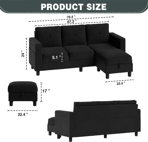 Vista 2 de SUNLEI Sofá Seccional Convertible para Espacios Pequeños, Sofá Modular en Forma de L con Otomana de Almacenamiento Extraíble, Sofás Pequeños