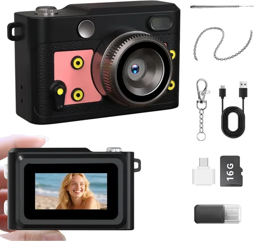 Vista 12 de Mini cámara retro con llavero – Cámara digital pequeña FHD de 1080P con lente de 2 MP, pantalla de 0.96 pulgadas y adaptador OTG con tarjeta de 16