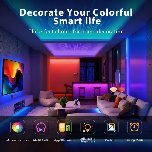 Vista 2 de DAYBETTER Tira de luces LED de 50 pies, sincronización de música, tiras de luz LED RGB con control remoto y aplicación, luces LED que cambian