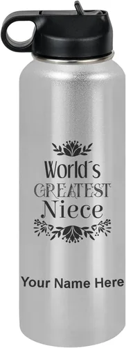 Vista 11 de LaserGram Botella de agua con tapa abatible de doble pared de 12 onzas con pajilla, sobrina más grande del mundo, grabado personalizado incluido