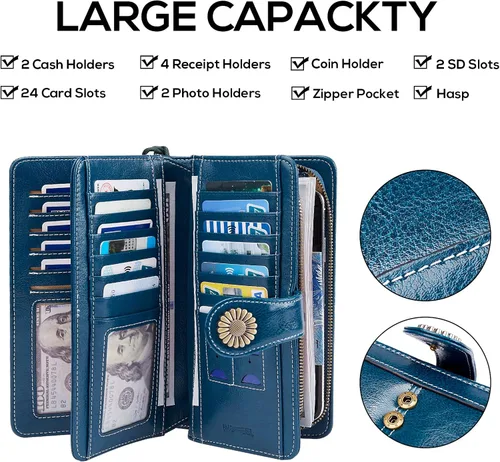 Vista 4 de INSIFEEL Billeteras para mujer de gran capacidad con protección RFID de cuero genuino, Azul marino