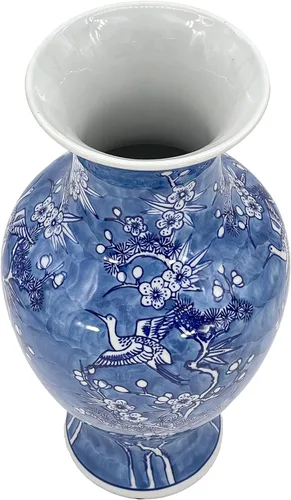 Vista 3 de Galt International Jarrón de Cerámica Floral de Grulla Chinoiserie Blanco y Azul de 14" - Jarrón Antiguo Pintado a Mano de Porcelana Estilo Chino