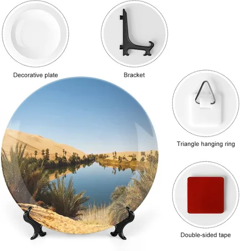 Vista 3 de XISUNYA Plato decorativo de 6 pulgadas, artesanía de cerámica del desierto, Oasis idílico Awbari Sand Sea Sahara Libia Pond Print Ornament Plate