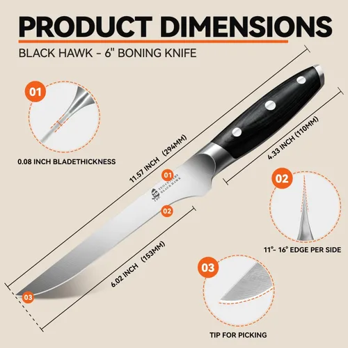 Vista 3 de TUO Black Hawk - Cuchillo de filete de 6 pulgadas para recortar grasa de carne, desollado de ciervos, mango de espiga completa, acero alemán de alto