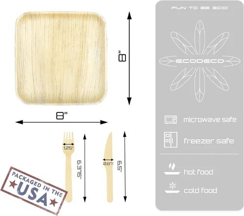 Vista 3 de ECODECO Platos de hoja de palmera – 50 piezas cuadrados de 8 pulgadas – Platos desechables como bambú para fiesta con cubiertos
