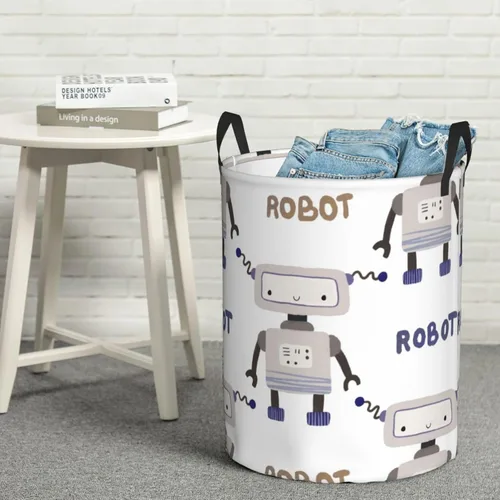 Vista 8 de Vintage Robots - Cesta de lavandería impermeable plegable con mango duradero, organizador de ropa sucia circular, cesta de almacenamiento