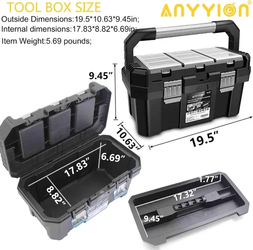 Vista 2 de Anyyion Caja de herramientas de 19 pulgadas con bandeja extraíble, verdaderamente fuerte y duradera para almacenamiento de manualidades, hogar