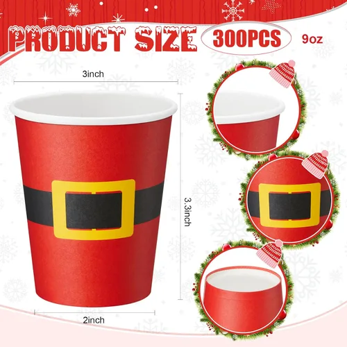Vista 2 de Yaomiao 300 tazas de papel de Navidad de 9 onzas, diseño de cinturón de Papá Noel, desechables, tazas de café de cacao caliente para Navidad, a