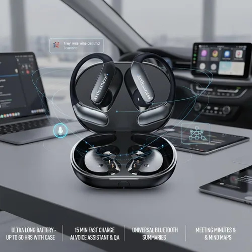 Vista 4 de Auriculares de traductor AI 4 en 1, audio de alta fidelidad, diseño de oreja abierta, 164 idiomas Latest AI Bluetooth Translation Earbuds,No Negro