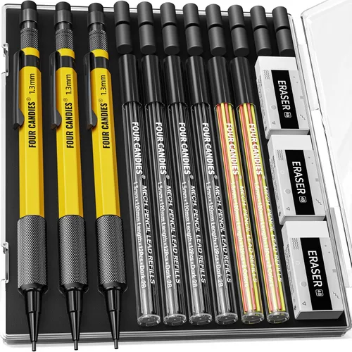 Vista 11 de Four Candies Juego de lápices mecánicos de 1.3mm con 24 repuestos de plomo, lápiz de carpintero de metal resistente a la intemperie para uso pesado