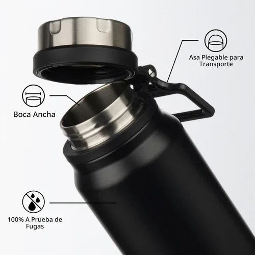 Vista 3 de BJPKPK Botella de agua aislada de 24 onzas con asa, sin BPA, botella térmica de viaje de acero inoxidable reutilizable, botella de agua grande Negro
