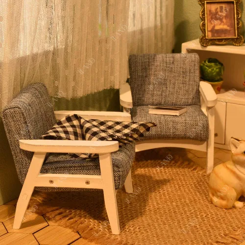Vista 7 de iLAND Juego de sofá de casa de muñecas y sofá en miniatura con mini cojines de pata de gallo, muebles de casa de muñecas en escala 1/12 para sala