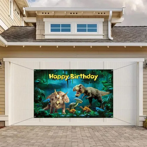 Vista 4 de Renaiss Cartel de feliz cumpleaños de 6 x 3.6 pies, decoración de fiesta de dinosaurios, jurásico, cretácico, selva, loca, aventura, fondo