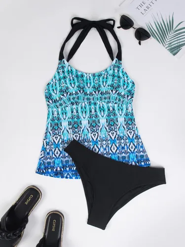 Vista 2 de CUPSHE Traje de baño tipo tankini tipo halter para mujer, estampado étnico, sin espalda, modesto azul tankini