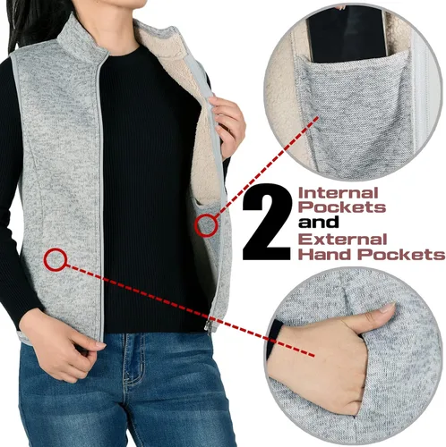 Vista 5 de Chaleco de forro polar con cremallera para mujer, forro de sherpa, resistente al viento, chaleco cálido con bolsillo Fresno
