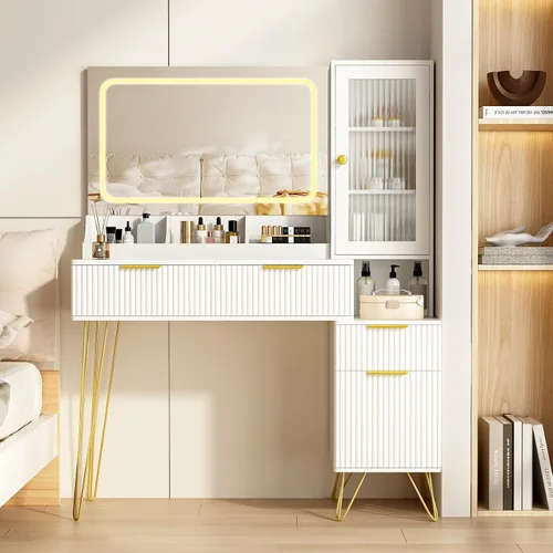 Vista 2 de Escritorio de tocador de 43 pulgadas con espejo y luces, mesa de tocador de maquillaje con 4 cajones, tocador blanco para dormitorio, escritorio
