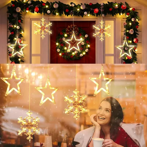 Vista 5 de 5 Piezas Luces Navideñas para Ventana Decoraciones Letrero Iluminado de Navidad Blanco Cálido Funciona con Pilas Telón de Fondo Luces de Cadena