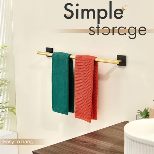 Vista 4 de Barra de toalla de baño KOKOSIRI para gabinete de cocina, soporte para toallas de baño para montar en la pared de 24 pulgadas, negra con oro, acero
