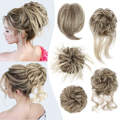 Vista 22 de HMD 5 piezas de moño despeinado para mujer, extensión de cabello con banda de goma elástica, extensión de cabello largo y desordenado, accesorios