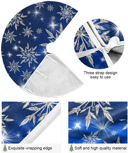 Vista 2 de Falda de árbol de fondo de copos de nieve azul de Navidad, tapete de árbol de temporada, suministros de fiesta, adornos para interiores