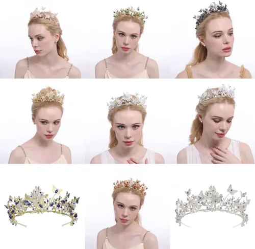 Vista 6 de Corona nupcial barroca perla Rhinestone tiara mariposa diadema boda accesorios para el cabello princesa tiara