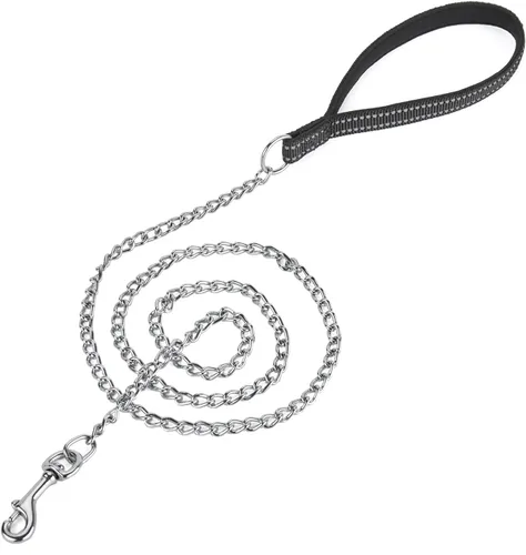 Vista 15 de Correa de cadena de metal chapado en cromo con mango acolchado suave para perros pequeños (S, mango negro)