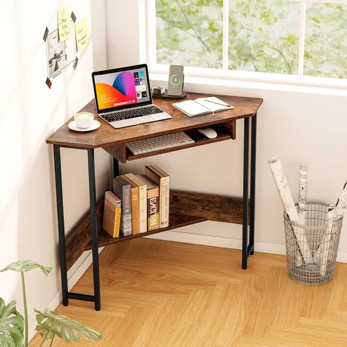 Vista 2 de Tangkula Escritorio esquinero con bandeja para teclado, escritorio de esquina triangular de 90 grados para espacio pequeño, escritorio industrial