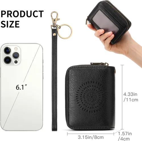 Vista 2 de SENDEFN Tarjetero de cuero para tarjetas de crédito, cartera pequeña para mujer, bloqueo RFID, doble cremallera con ventana de identificación