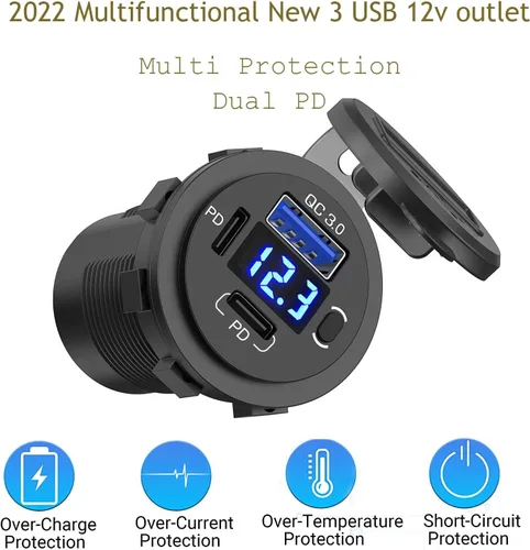 Vista 4 de Toma de corriente USB de 12 V, enchufe de cargador de coche USB C dual y puerto de carga rápida 3.0 con voltímetro e interruptor de alimentación