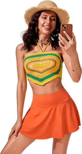 Vista 3 de CRZ YOGA Falda de natación de cintura alta para mujer, falda pantalón plisada, falda de baño atlética con bolsillo lateral