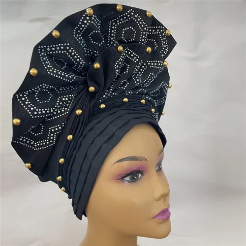 Vista 6 de Diadema de gel Nigeriano Aso Oke Auto con cuentas y piedras ya hechas africanas para mujer