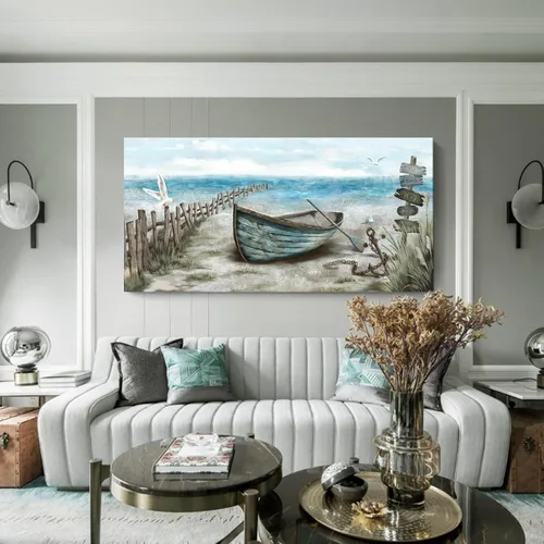 Vista 28 de Arte de pared para baño, decoración costera, barco náutico en la playa, lienzo con imagen de gaviota del océano, paisaje marino, arte de granja