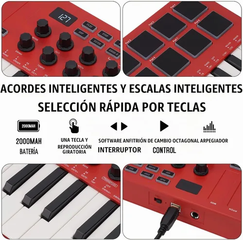 Vista 5 de M-VAVE Controlador de teclado MIDI USB de 25 teclas con 8 almohadillas de batería retroiluminadas, Bluetooth, teclado dinámico semi-pesado Rojo