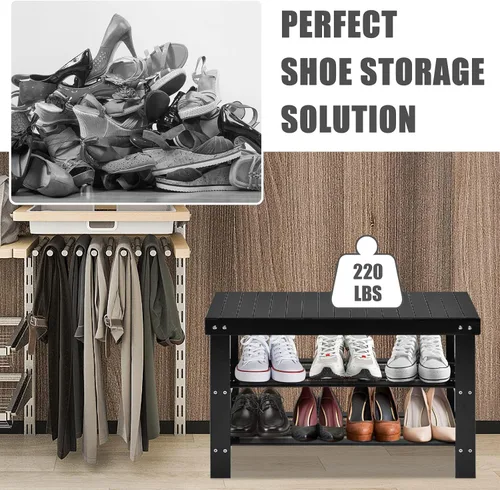 Vista 6 de Giantex Banco de zapatos de entrada, organizador de zapatos de bambú con capacidad para hasta 6 pares, 3 niveles de almacenamiento de zapatos Negro
