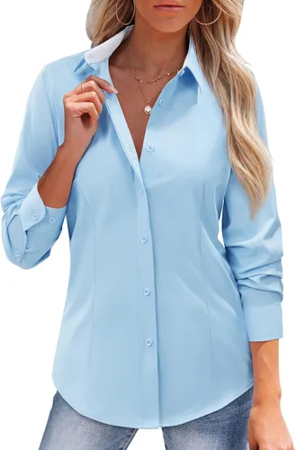 Vista 12 de siliteelon Camisas con botones para mujer, camisas de vestir de algodón de manga larga para mujer, sin arrugas, blusa de trabajo elástica