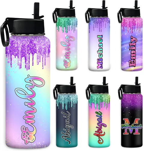 Vista 12 de Botella de agua personalizada, botella de agua deportiva personalizada con nombre, botella de acero inoxidable aislada al vacío con tapa con Color 1