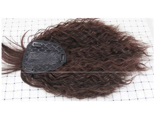 Vista 4 de LXUE Toppers de pelo sintético rizado con flequillo para mujeres con cabello delgado, piezas de cabello con clip de 14 pulgadas, marrón oscuro