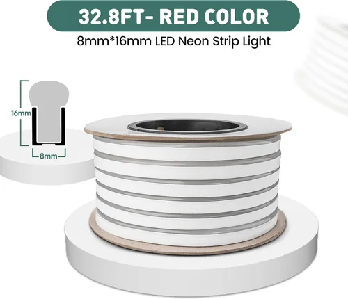 Vista 2 de GZBtech Tira de luces LED flexibles de neón de 33 pies, tira de luz impermeable CA de 110-120 V, 120 LEDs/M, iluminación de neón conectable para Rojo
