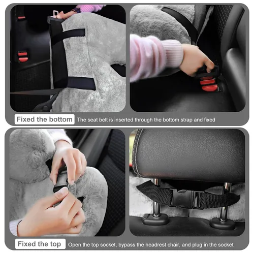 Vista 5 de Hoteam 2 almohadas de viaje para automóvil para dormir en forma de U para el asiento trasero, adultos y niños, soporte para cabeza y cuerpo, Gris