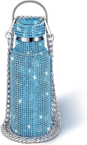 Vista 26 de Geiserailie Botella de agua con diamantes de imitación de acero inoxidable, térmica, recargable, aislada, con cadena, para mujeres y niñas