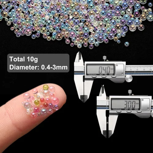 Vista 2 de Cuentas de vidrio iridiscente diminutas de burbuja, 0.4-3mm 10g Cuentas redondas micro mini transparentes sin agujero en forma de gota de agua